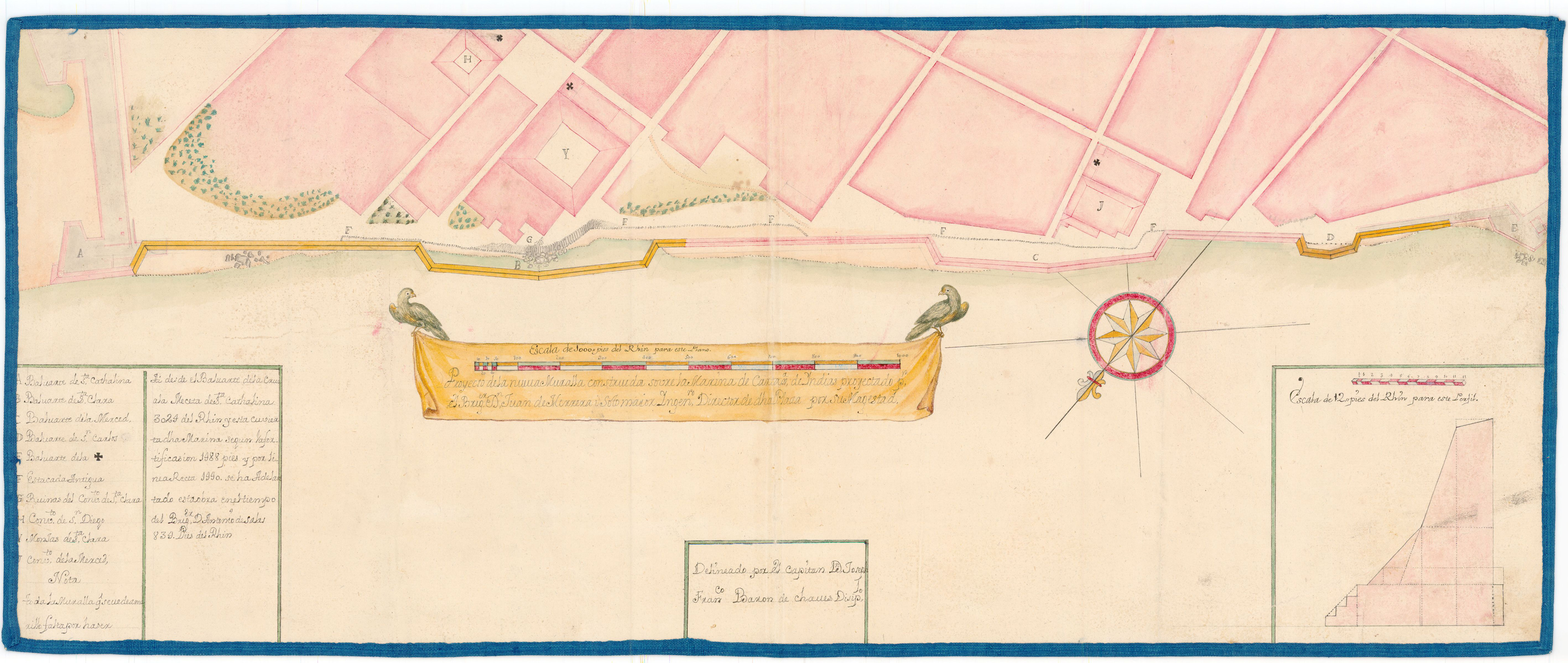 Plano parcial de Cartagena de Indias. En amarillo se indica la parte de la muralla que faltaba por construirse (1730). 