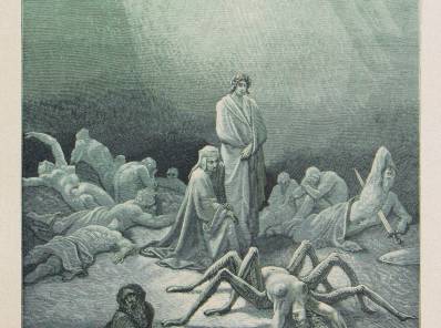 Grabado de Gustave Doré en el que se representan diferentes personajes atrapados dentro del purgatorio de Dante. En el centro está Aracne.